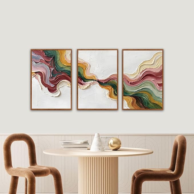 CHDITB 3D Textured Abstract Wave Framed Canvas Wall Art Set, Modern Neutral Earth Tone Picture Flowing Ribbon Wall Decor, Multicolor Minimalist Line Art Prints for Living Room Hallway Home Decor 16"x24"x3