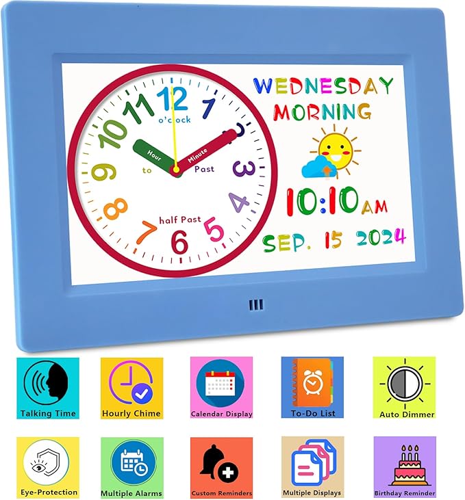 MASSII Digital Teaching Clock Talking Time, 24 Alarms Custom Reminders, Checklist to-Do List, Auto DST & Calendar Display, Sleep Trainer, Easy to Use for Kids Birthday Gift- Blue with Remote