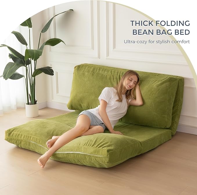 MAXYOYO Folding Sofa Bed, Extra Thick and Long Floor Sofa Convertible Chair with Washable Cover, Floor Couch Lounge Bean Bag Bed for Living Room, Green, 30x91 Inch