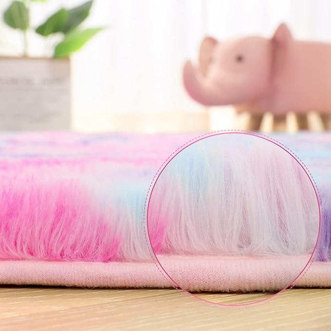AROGAN Soft Rainbow Area Rugs for Girls Room 5x8 Feet, Fluffy Girls Bedroom Rugs, Princess Rug, Cute Colorful Carpet for Kids Teens Nursery Toddler, Hot Pink