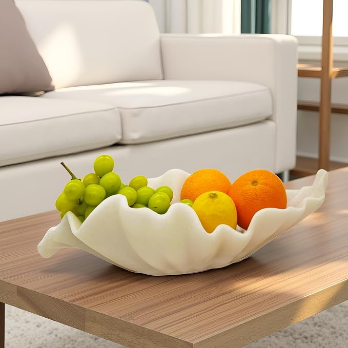 Off-white Large Decorative Bowl - 16” Fruit/Key/Purse Bowl for Home Decor - Coffee Table & Entryway Table Decor - Scalloped Ruffle Bowls - Unique Centerpiece Bowls(Big)