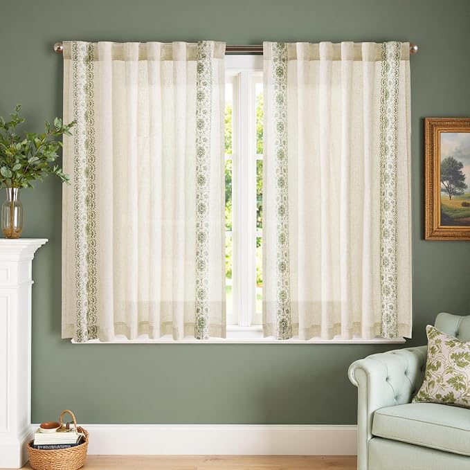 jinchan Small Window Curtains 54 Inch Length Linen Cafe Curtains for Kitchen Bathroom Bordered Floral Embroidered Short Drapes Rustic Farmhouse Light Filtering Curtain Set 2 Panels Green on Beige