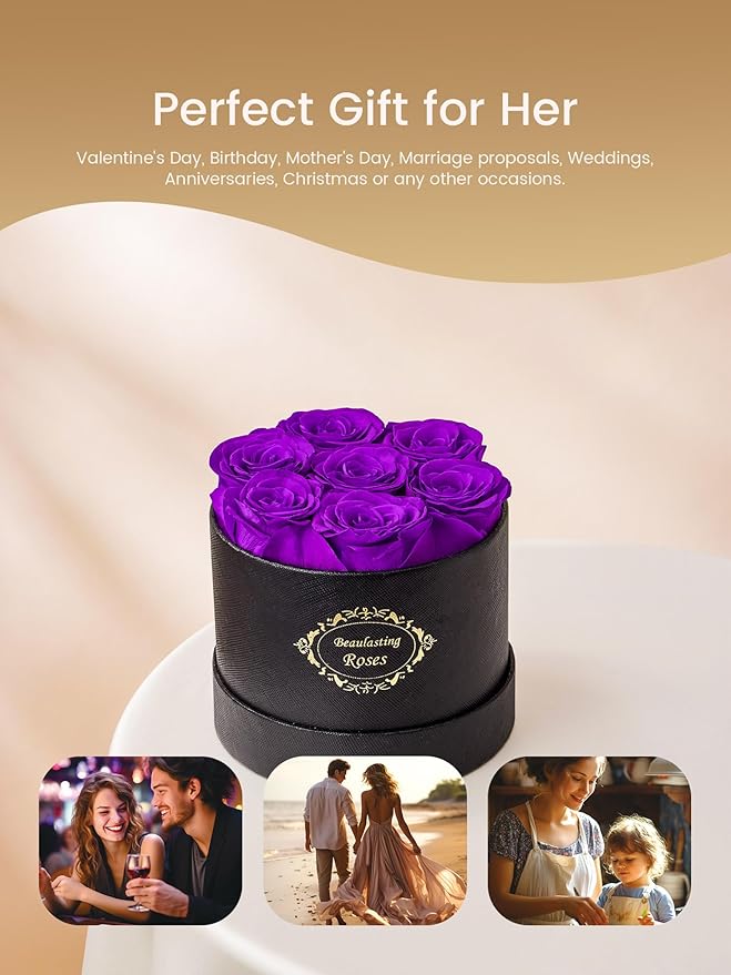 Beaulasting Long Lasting Preserved Roses in a Box Last a Year Forever Flowers for Her Mom Wife Anniversary Birthday (Round Black Box, Purple)