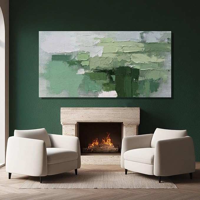 SHEYOYE Green Abstract Canvas Wall Art, White Large Modern Art Prints, Office & Dining Room Posters for Room Decor | 24" x 48"