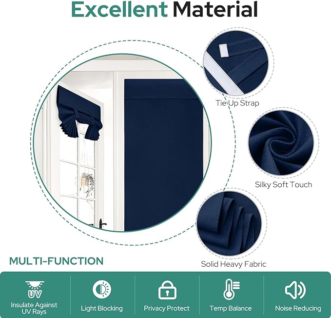 HOMEIDEAS 100% Linen Blackout French Door Curtains, Privacy Door Window Curtains, 26 X 68 Inch Room Darkening Blinds, Thermal Insulated Shades for Bedroom, 1 Panel, Navy