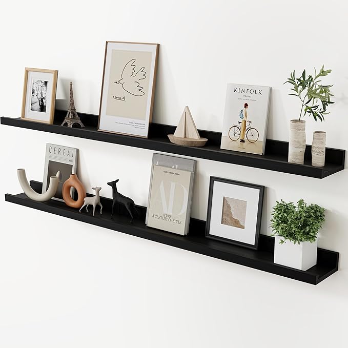 Acovy Long Floating Shelves for Wall, 48 inch Solid Wood Picture Ledge Shelf, Picture Shelf for Wall with Ledge, Floating Book Shelves for Living Room Bedroom Kitchen Nursery Decor, Black, Set of 2