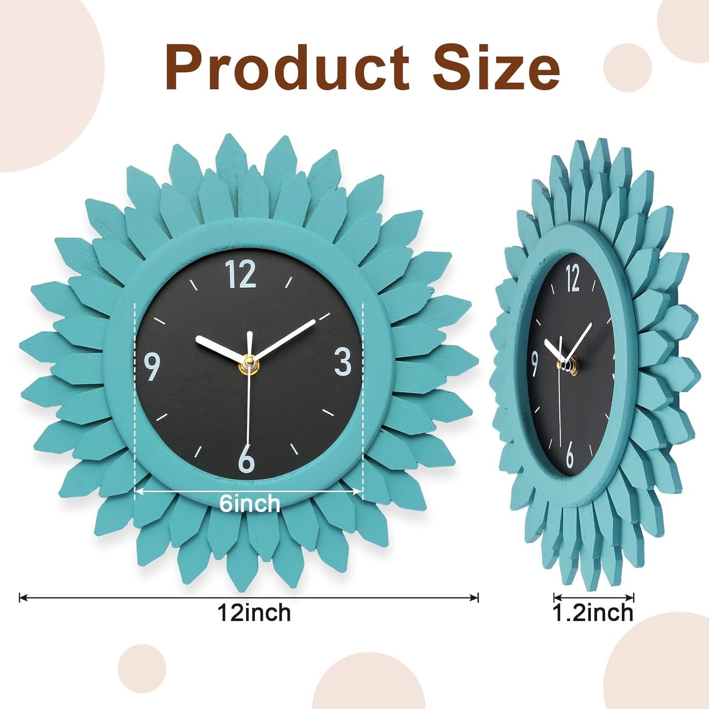 Honiway Wall Clock Battery Operated 12 Inch Rustic Wood Beach Sunburst Decorative Wall Clock Silent Non-Ticking Coastal Wall Decor Clocks for Living Room Kitchen Bathroom Bedroom (Cyan)