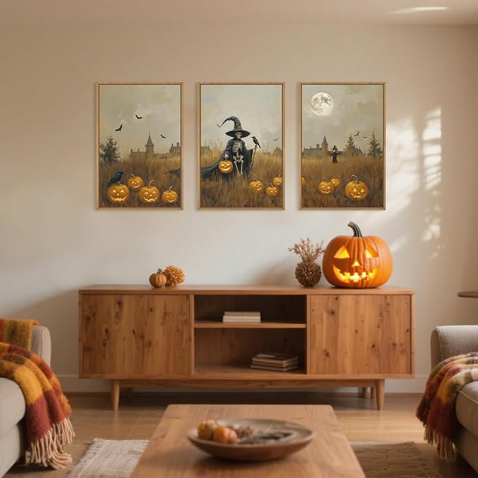 Halloween Ghost Reaper Framed Wall Art Set,Scary Witchy Pumpkin Wall Decor,Horror Night Wall Painting,Full Moon Bats Artwork for Living Room,Bedroom,Halloween Themed Party-24×36"×3