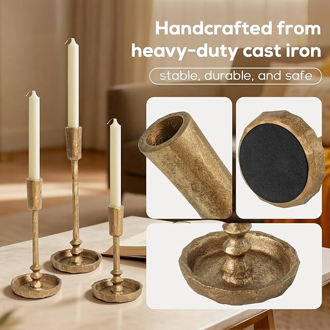 Vintage Cast Iron Taper Candle Holders Set of 3 Antique Brass Candlestick Stands Rustic Wedding Dining Table Centerpieces Elegant Party Decor Housewarming Gift