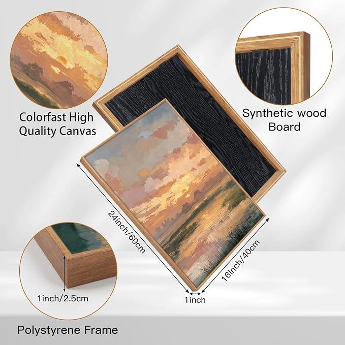 TOARTi Large Framed Abstract Sunset Landscape Canvas Wall Art,Nature Sunset Scenery Painting Wall Decor, Watercolor River Grassland Art Prints for Farmhouse Home Living Room Bedroom Office-16”x24”x3