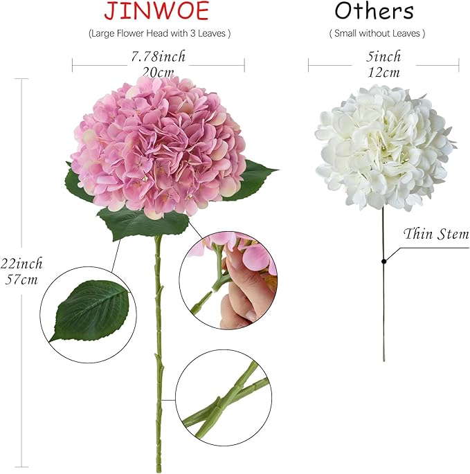 JINWOE 4pcs Pink Silk Hydrangea Fake Flowers,22" Artificial Flowers Bouquets Silk Faux Hydrangea Stems for Home Wedding Party Table Core Decoration (Pinkish Purple)