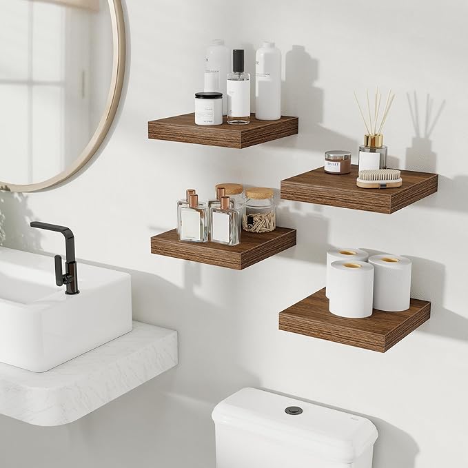 Fun Memories Rustic Wood Floating Shelves for Wall, Space-Saving Wall Mounted Shelves for Bathroom, Bedroom, Living Room and Kitchen, Stylish Storage & Display (Set of 4, Walnut, 9.3 in)