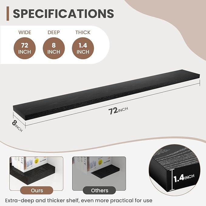 Acovy 72 Inch Floating Shelves, 8 Inch Deep Floating Shelves for Wall, Hanging Shelf with Invisible Brackets, Deep Shelves for Bathroom, Bedroom, Living Room, Black, Set of 1