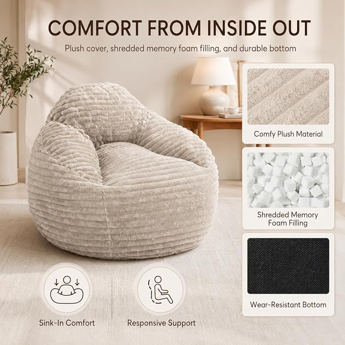 Simple Deluxe 3.25 ft Faux Fur Memory Foam Bean Bag Chair, Large Comfy Lazy Chair for Adult with Memory Foam Filled & Washable Cover, Perfect for Reading Gaming in Living Room Bedroom, Taupe