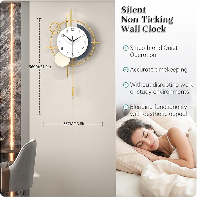 Wall Clock Decorative Large Modern Wall Clock Silent Non-Ticking Battery Operated Gold Unique Pendulum Clock for Living Room,Bedroom,Office,Kitchen,Bathroom,Wall Decor 13.8x21.9in