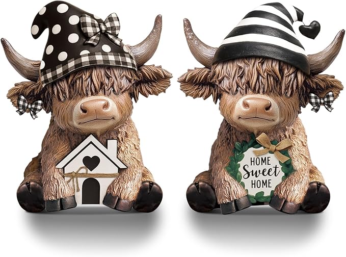 Wesiti 2 Pcs Highland Cow Home Decor Figurines Resin Farmhouse Ornament Set, Cute Cow Statues with House Home Sweet Sign, Rustic Tiered Tray Table Decor Gifts for Garden Kitchen Office