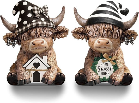 Wesiti 2 Pcs Highland Cow Home Decor Figurines Resin Farmhouse Ornament Set, Cute Cow Statues with House Home Sweet Sign, Rustic Tiered Tray Table Decor Gifts for Garden Kitchen Office