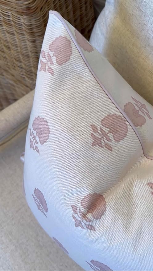 Jillien Harbor “The Lauderdale” Floral Block Print Pillow Cover – Blush Pink and Off-White Decorative Throw Pillow Cover – Grandmillennial Home Decor, 20" x 20"