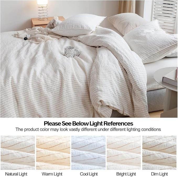 Simple&Opulence 100% Linen Duvet Cover Set 3pcs Yarn Dyed Vertical Pinstripe Ticking Pattern Natural French Washed Flax Breathable Farmhouse Bedding - Cinnamon Stripe, King Size
