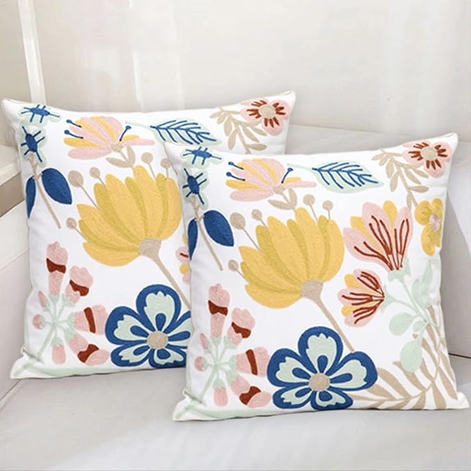 Pack of 2 Embroidered Decorative Throw Pillow Cover 18x18 Inch Farmhouse Floral Pillowcase for Living Room Sofa Bed (Floral)