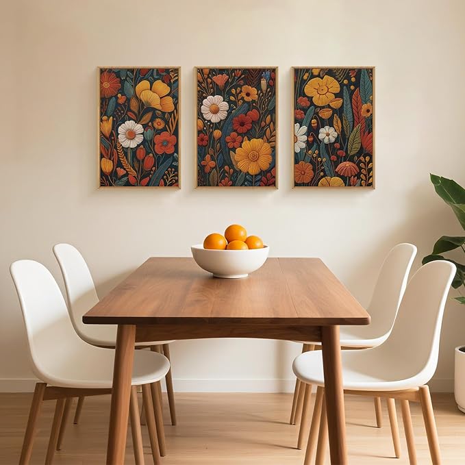 Large Boho Floral Framed Canvas Wall Art Set 16"x24"x3 | Vintage Orange Flowers Wall Decor Abstract Botanical Art Rustic Neutral Wildflower Artwork Bedroom Living Room Office