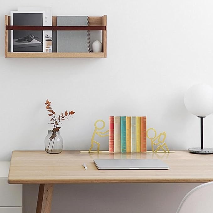 Metal Unique Office Desk Bookends Decorative Cute Book Ends Reading Decor Bookshelf Decor for Office School Library Bedroom, Book Lovers Gift（Gold）