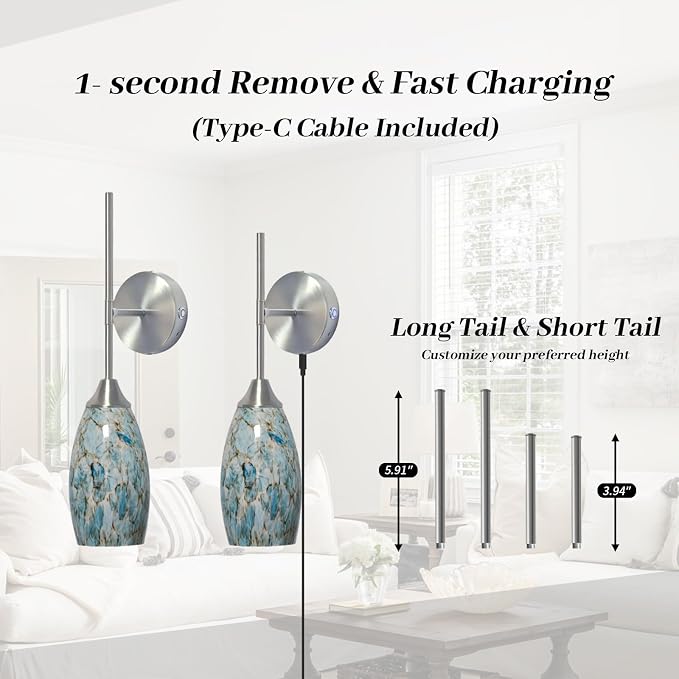 Brushed Nickel Battery Operated Wall Sconces Set of 2, Rechargeable Wireless Wall Lights, Touch & Remote Control, Dimmable 3 Color Temperatures, Magnetic Mount Hand-Blown Glass Sconce