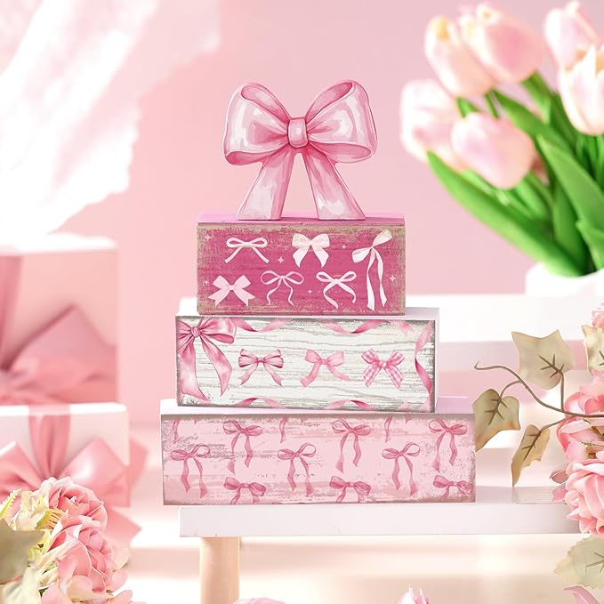 Conelist 4 Pcs Pink Bow Room Decoration Galentines Coquette Gift Pink Bow Block Sign Centerpiece for Table Gift for Teen Girl Birthday Bachelorette Bridal Wedding Baby Shower Valentines Party Supplies