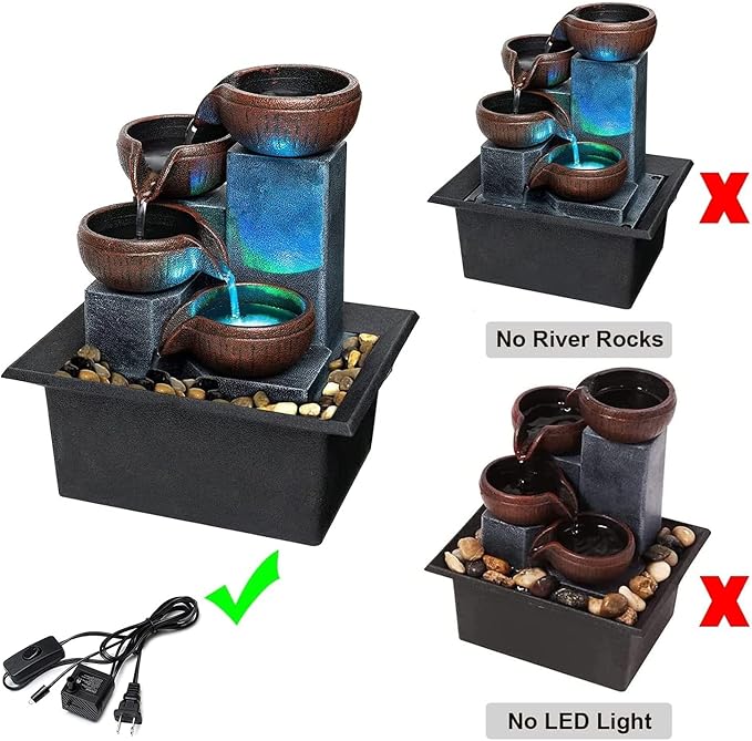 Small Indoor Relaxation Tabletop Fountain, Zen Meditation Waterfall Feature with Color LED Light & Natural Rocks, 4 Level Desk Waterfall for Home Office Bedroom Living Room Decoration (Style 1)
