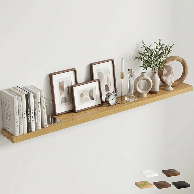 Venusmiles Floating Shelves for Wall, 72 Inch Floating Shelves Set of 1, 6.5" D Wooden Wall Mounted Display Shelves with Invisible Brackets for Living Room, Bedroom, Bathroom, Kitchen Decor, Oak