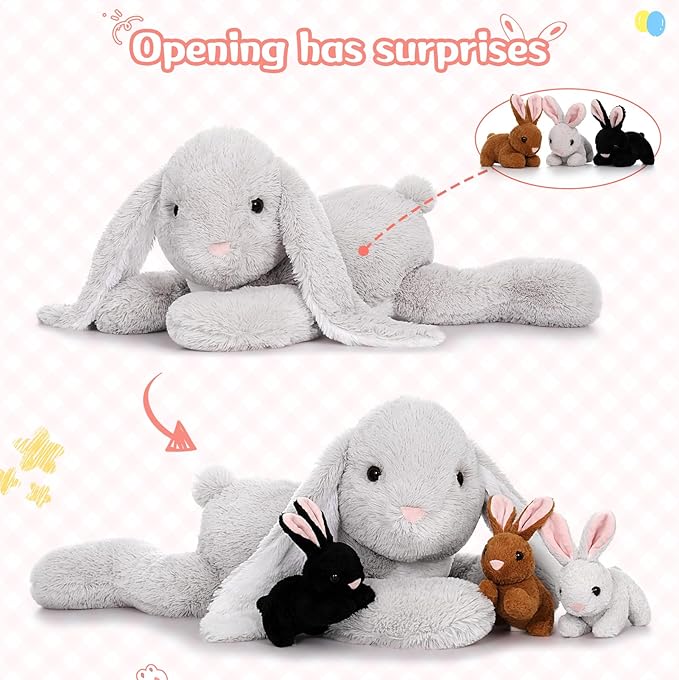 MaoGoLan 4Pcs Large Bunny Stuffed Animal with 3 Babies Inside, 24" Giant Easter Bunny Plush Toys, Soft and Cuddly Gray Stuffed Rabbit Gift for Kids,Girls,Boys,Teens