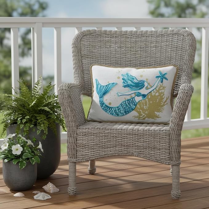Comfy Hour Under The Sea Collection Ocean Mermaid Starfish Coral Coastal Accent Throw Pillow Cushion for Marine Animal Lovers, Polyester