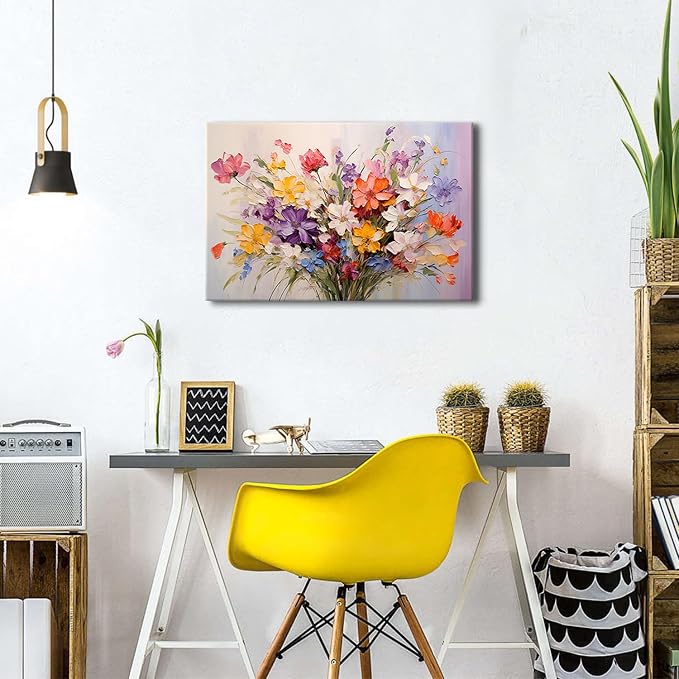 Floral Botanical Wall Art Wildflowers Bouquet Wall Decor for Bathroom Colorful Daisy Poppy Oil Painting Style Canvas Print Aesthetic Flower Picture Blossom Plants Artwork Bedroom Home Decoration