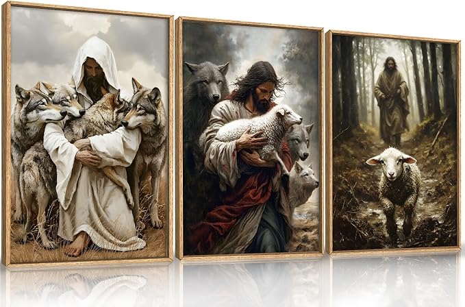 KAIRNE Jesus and Lamb Framed Canvas Wall Art Set,Vintage Christian Wolf Wall Decor,Modern Religious Faith Art Prints,Retro Bible Forest Artwork for Living Room,Bedroom,Church,Office-16 x24 x3