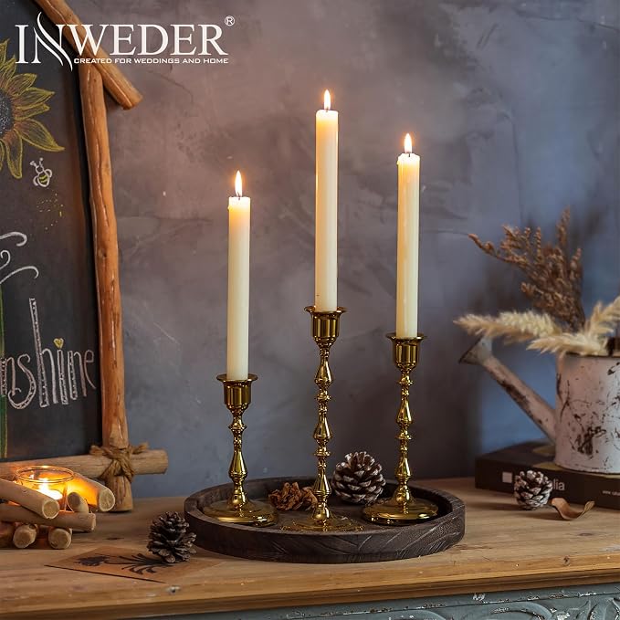 Gold Candlestick Holders Vintage: Brass Taper Candle Holders | for 0.87" Taper, Bottom with Felt Pad, Antique Decor for Dinning Table, Mantel, Wedding Centerpieces, Christmas, Party, 3 Pcs