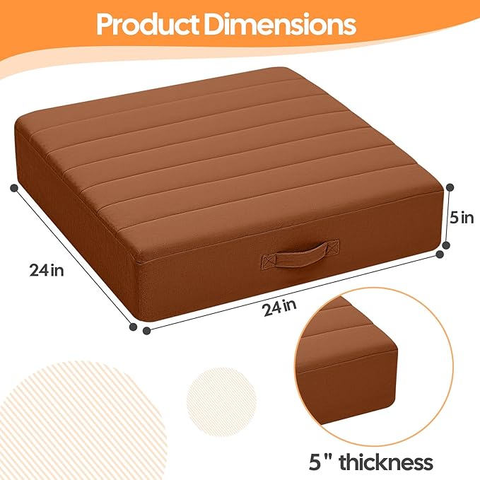 MeMoreCool Square Floor Pillow Seating for Adults Kids, Large Meditation Cushion Floor Pillow with Thick Foam & Soft Tufted Cover, Washable Big Pillow Seat Floor Cushion for Sitting Yoga 24" Coffee