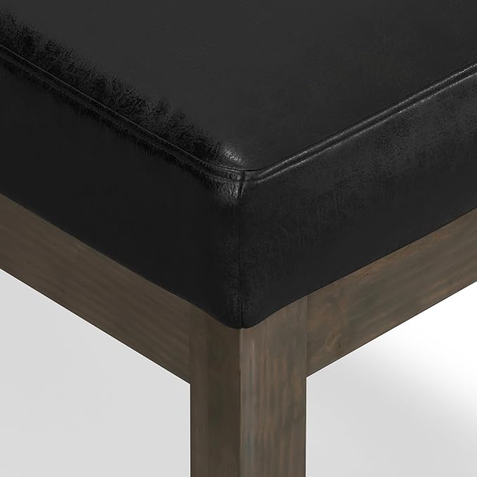 SIMPLIHOME Milltown Small Ottoman Bench - 27" Wide x 18" High Upholstered Vegan Leather Rectangle Footstool Ottoman in Distressed Black, Contemporary Bench for Bedroom with Cushioned Seat, Assembled