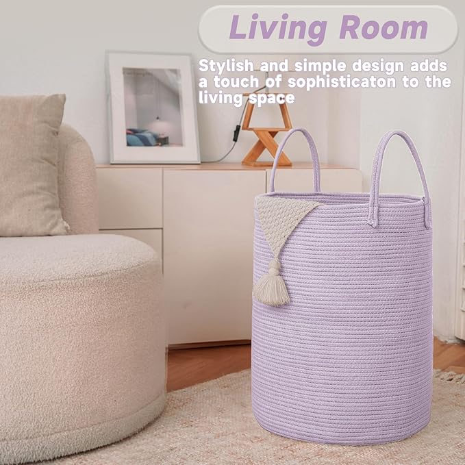 JMvicyroam Large Woven Laundry Basket Hamper,60L Cotton Rope Storage Bin for Blankets,Toys and Clothes,Decorative Tall Nursery Hamper for Living Room,Baby Nursery,Bathroom and Bedroom,Purple