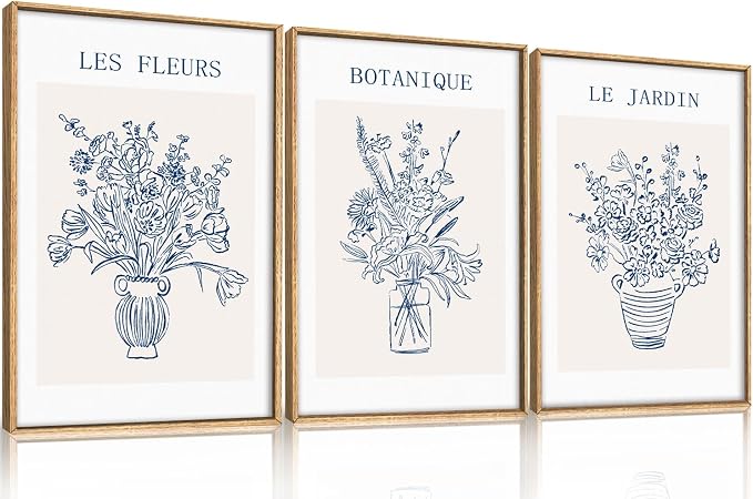 LHIUEM Blue Botanical Flower Framed Canvas Wall Art,Modern Aesthetic Wall Decor,Abstract Navy Blue Painting,Minimalist Line Wildflower Artwork for Living Room,Bedroom,Dining Room -24"x36"x3