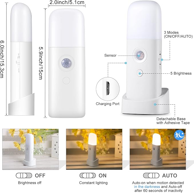 CREWEEL Motion Sensor Night Light, Dimmable Night Lights with 5 Brightness Levels, 2000mAh Rechargeable Battery Operated Light, Portable Motion Sensor Light for Kids Room, Bedroom, Hallway.