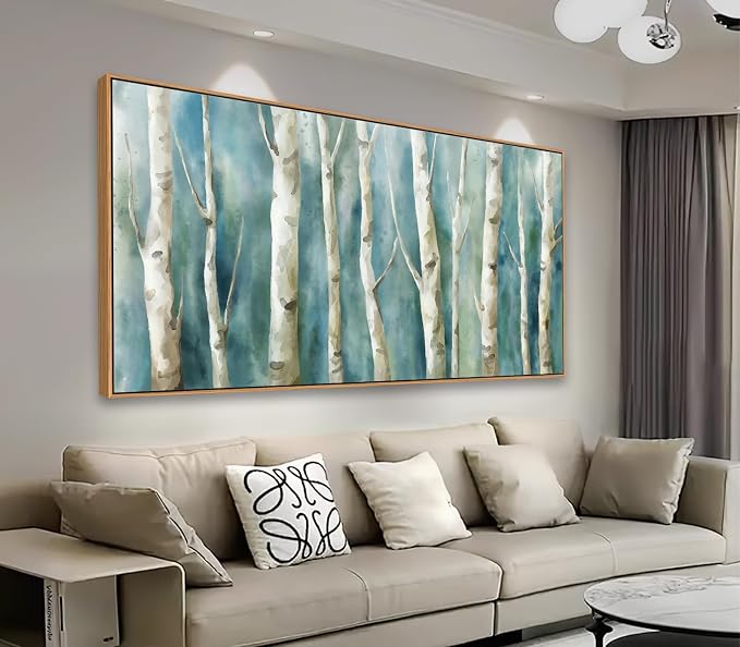 Framed Birch Canvas Wall Art - Abstract Birch Tree Pictures for Modern Turquoise Canvas Painting Nature Printing Artwork for Living Room Bedroom Home Office Wall Decoration 29" x 58