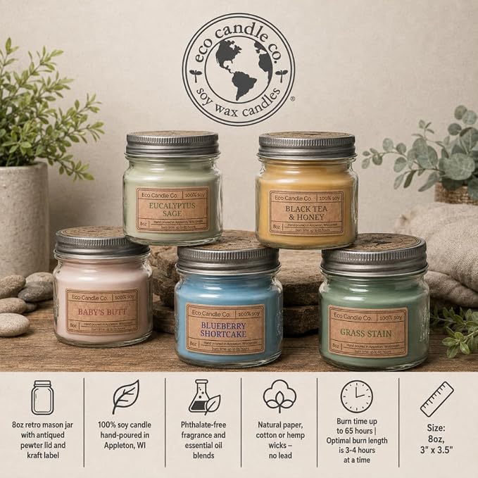 ECO CANDLE CO. Mason Jar Candle, Seagrass, 8 oz. - Scents of Coconut, Jasmine, Eucalyptus, Vetiver, Driftwood, & Seaweed - 100% Soy Wax, No Lead, Kraft Label & Antiqued Pewter Lid, Hand Made