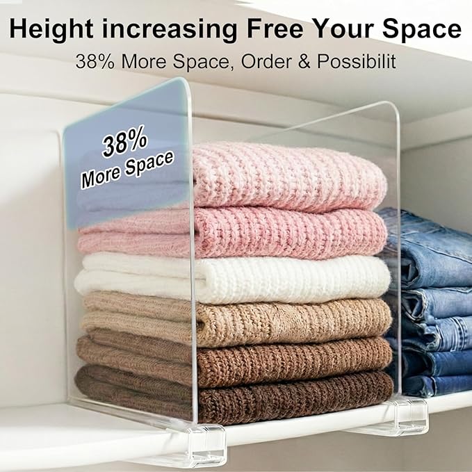 Purse Organizer for Closet Shelf Dividers: 11-inch Tall (Higher Version) Adjustable Clear Acrylic Bag Storage Organizer for Handbags, Sweaters, Towels, Jeans and Shoes on Wood Shelves 4-Pack
