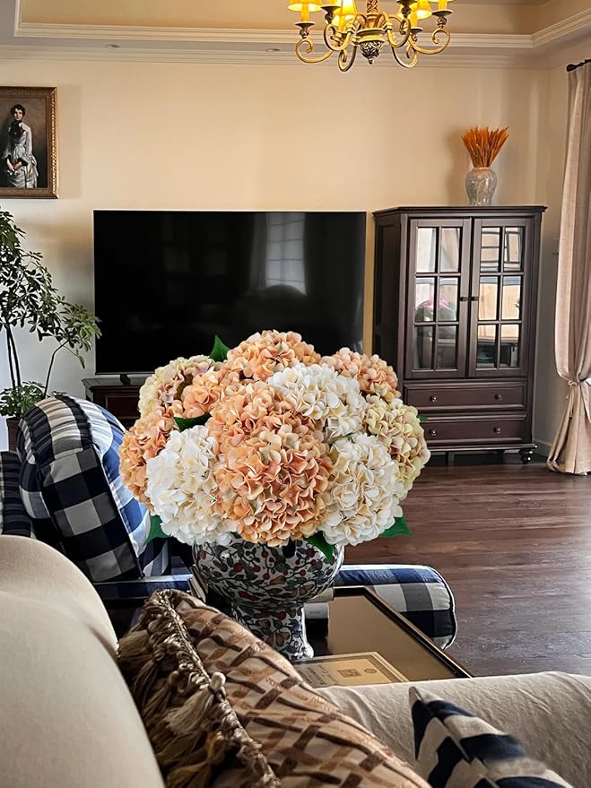 ZYTUYO 5 Pcs Peach Orange Silk Hydrangeas Artificial Flower Boho Dried Touch 20'' Faux Hydrangeas for Indoor Home Decor Kitchen Living Room Outdoor Porch Wedding Flower Arrangement