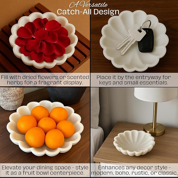SWADESHI BLESSINGS HandCrafted Marble Decorative Bowl | White Ruffle Scalloped Fluted Key/Fruit Ring Dish | Organic Modern Home Decor (6 Inches)