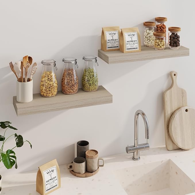 Fun Memories Floating Shelves for Wall, 24 Inch Floating Shelves Set of 2, Hanging Shelf with Invisible Brackets, Wood Shelves for Living Room, Bedroom, Kitchen, Grey