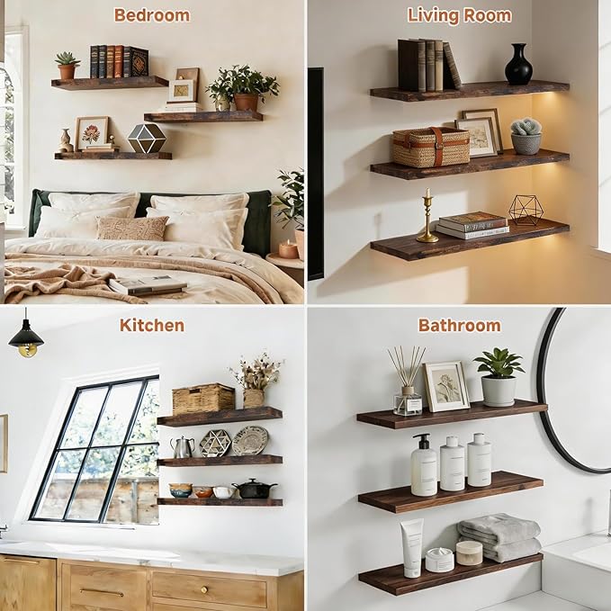 LifetimeWarranty Easy Install Floating Shelves,15.7 Inch Wall Mounted Wooden Floating Shelves, Small Wall Shelf for Storage&Home Decor, Living Room, Kitchen, Office, Corner Shelf for Bathroom,Set of 3