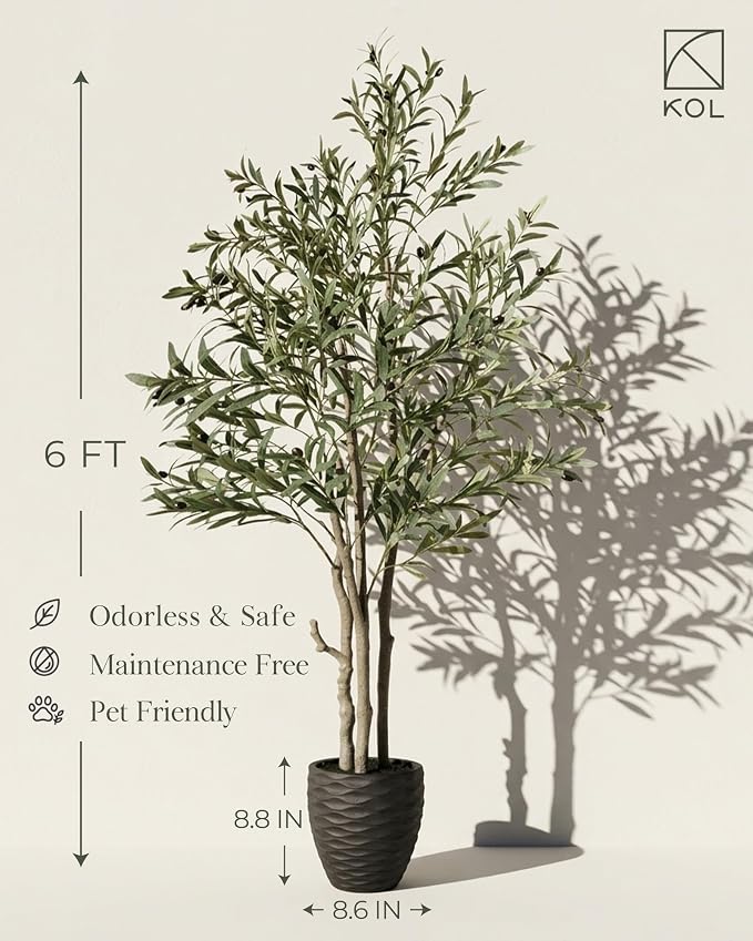 KOL 6ft Artificial Olive Tree Indoor, Tall Faux Olive Trees, Fake Olive Tree Floor Plant for Home Office Living Room Decor with Matte Black Pot