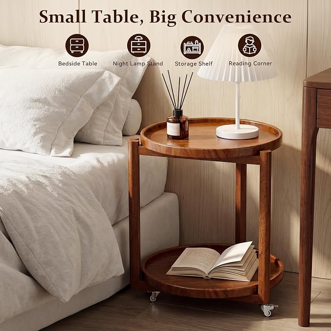 Taitiy Small Round Side Table with Wheels Solid Wood 2 Tier End Table with Storage Mobile Nightstand for Small Spaces Rolling Side Table for Couch & Bedside Walnut 17.7"