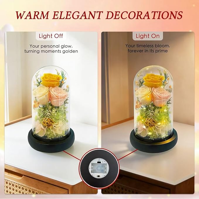 HipTree Preserved Yellow Rose in Glass Dome with LED Lights - Forever Eternal Real Rose Gifts for Women, Valentines Day Mothers Day Birthday Christmas Gift Wedding Anniversary for Mom Wife Girlfriend